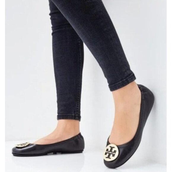 Tory Burch Minnie Travel Ballet Flats Black Leather Gold Logo Women’s Size 8 - Picture 11 of 11